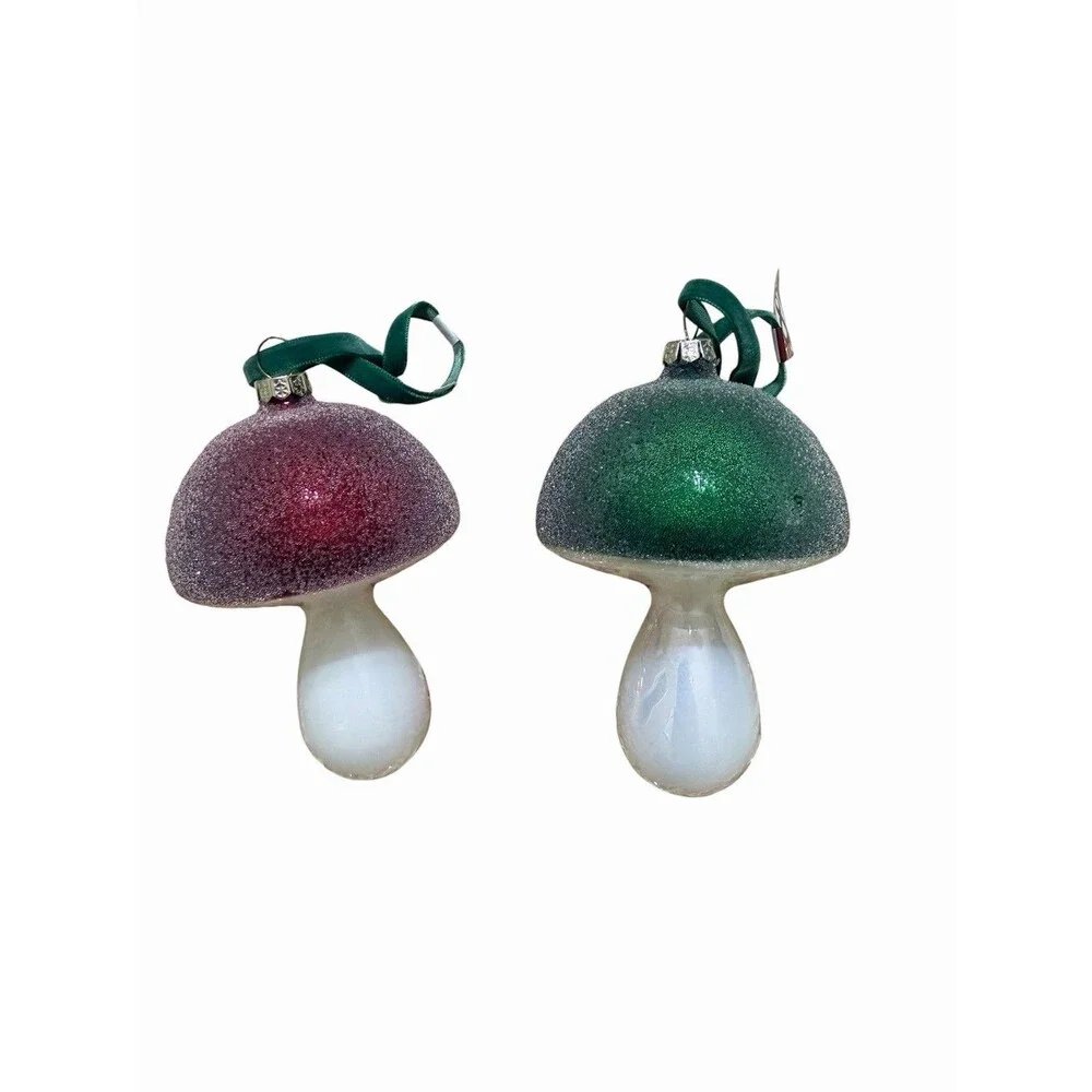Place & Time Frosty Mushroom Glass Ornaments Christmas Decor Green Red 5” Pair